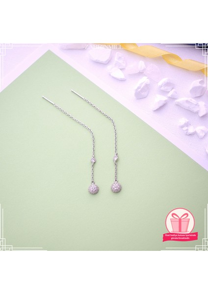 925 Ayar Yarımküre Tasarımıyla Zirkon Taşlı Gümüş Uzun Zincir Küpe