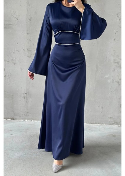 Taş Detaylı Belden Bağlamalı Saten Abiye