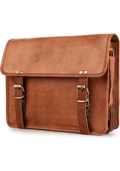 York Deri Omuz Çantası Laptop Bölmeli Küçük Messenger Çanta Kahverengi