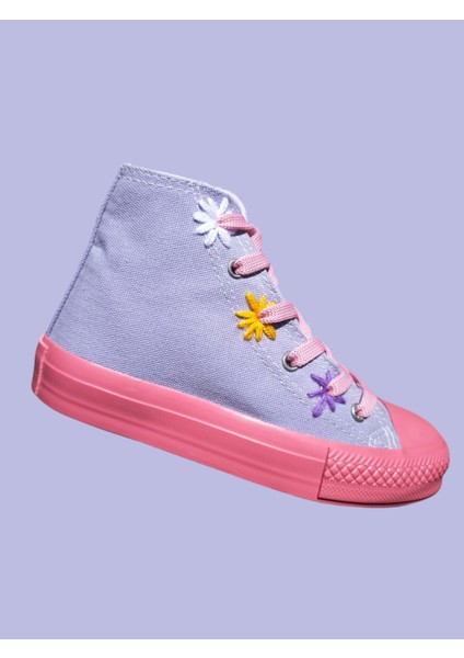 Mor Pembe Taban Nakışlı Bağcıklı Keten Çocuk Spor Ayakkabı Sneaker