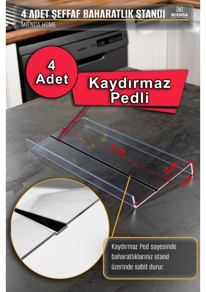 24'lü Şeffaf Pleksi Standlı Cam Kapaklı Baharatlık Seti Etiket Fırça Huni Hediyeli MH02SLVR24F
