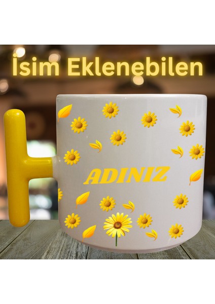 Isme Özel Sarı Çiçekli Mola – 240 ml Sarı T Kulplu Porselen Kupa