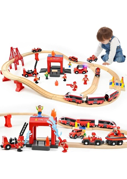58 Parçalı Ahşap Tren Seti, Elektrikli Lokomotif ve Itfaiye Aracı ile Model Demiryolu Oyuncağı