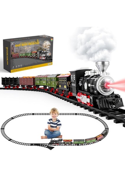 Retro Elektrikli Buhar Tren Oyuncağı, Işık ve Sesli, 6 Vagonlu Çocuklar Için Hediye, 3-8 Yaş Arası
