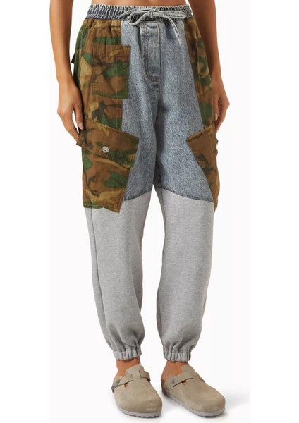 Patchwork Kamuflaj Denim Sweatpants Rahat Kesim, Elastik Bel ve Paça