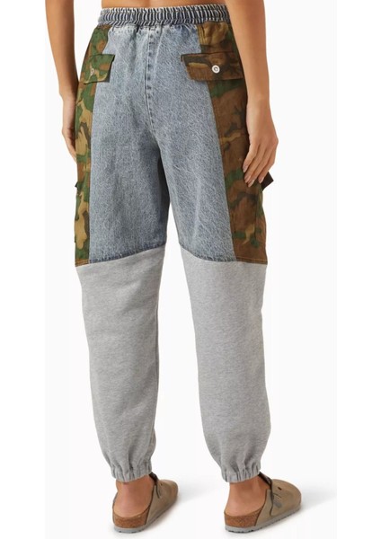 Patchwork Kamuflaj Denim Sweatpants Rahat Kesim, Elastik Bel ve Paça fiyatları