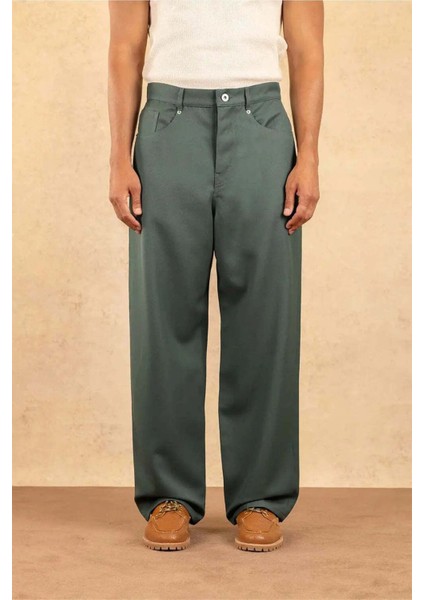 Su Yeşili 5 Cep Düşük Bel Le Pantalon Baggy Pantolon - Yün Karışımlı