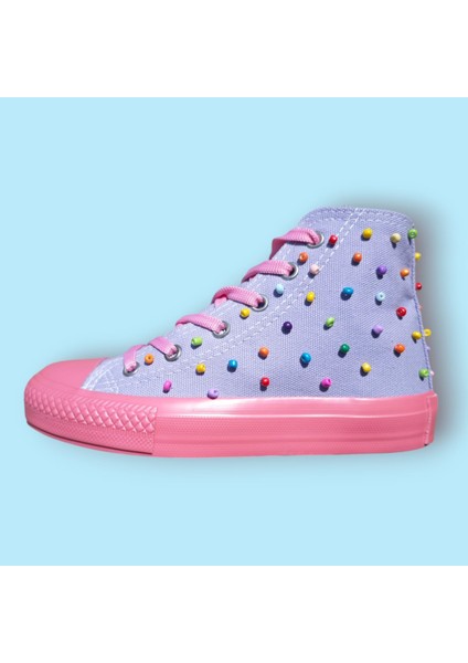 Mor Pembe Taban Boncuk Tasarım Detay Keten Bağcıklı Çocuk Spor Ayakkabı Sneaker