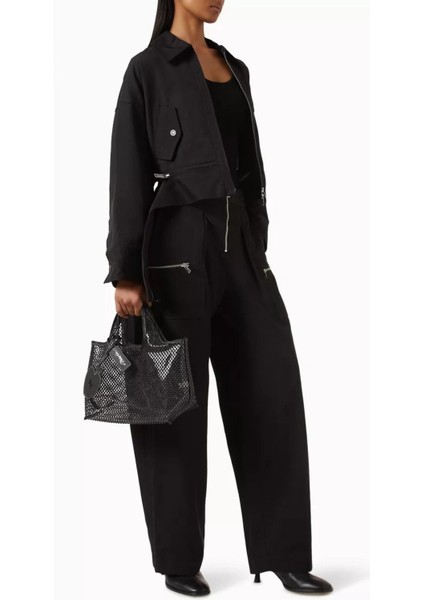 Siyah Çift Fermuarlı Geniş Paça Pantolon Modern ve Yapısal Tasarım fiyatları