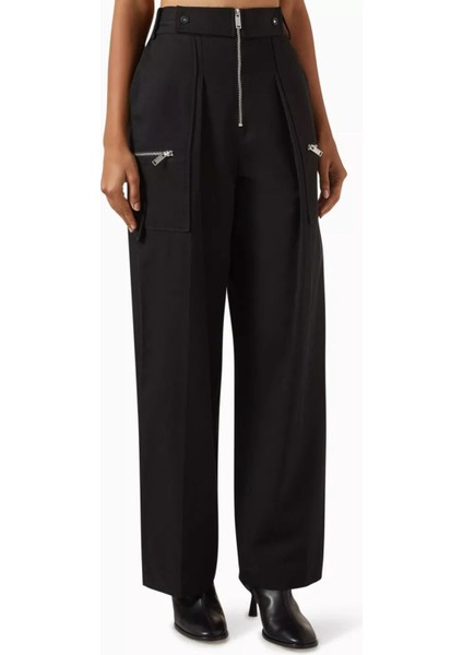 Siyah Çift Fermuarlı Geniş Paça Pantolon Modern ve Yapısal Tasarım modelleri