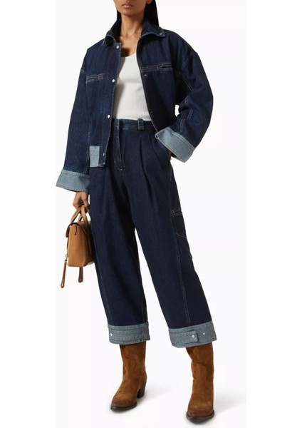 Kavisli Paçalı Kısa Kot Pantolon Lacivert, Bol Kesim, Dikiş Detaylı