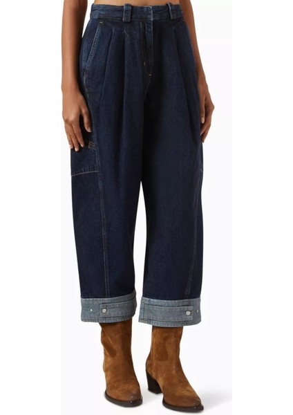 Kavisli Paçalı Kısa Kot Pantolon Lacivert, Bol Kesim, Dikiş Detaylı fiyatları