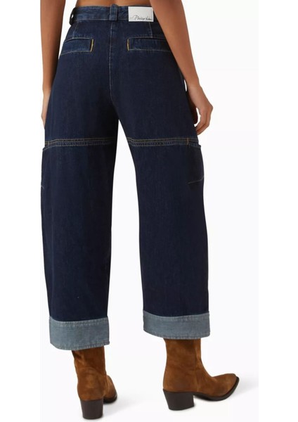 Kavisli Paçalı Kısa Kot Pantolon Lacivert, Bol Kesim, Dikiş Detaylı modelleri