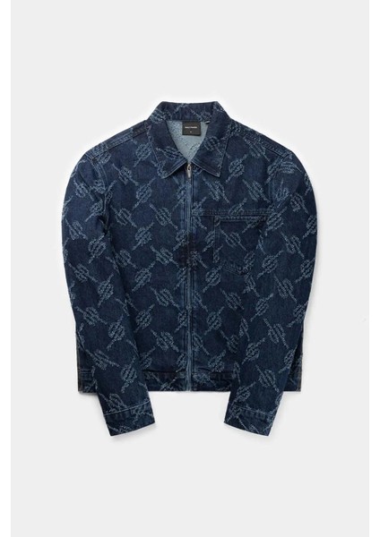 Jacob Denim Ceket - Monogram Desenli, Regular Fit, Mavi, 100% Pamuk