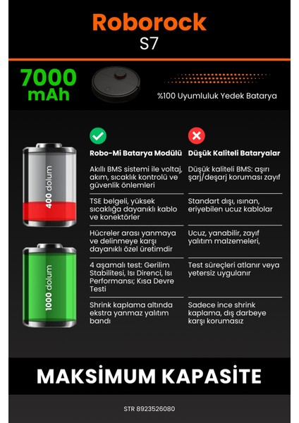Robo- Mi Roborock S7 7000MAH Robot Süpürge Bataryası - Yüksek Yoğunluklu Li- Ion Hücre