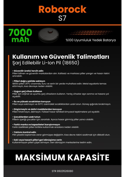 Robo- Mi Roborock S7 7000MAH Robot Süpürge Bataryası - Yüksek Yoğunluklu Li- Ion Hücre