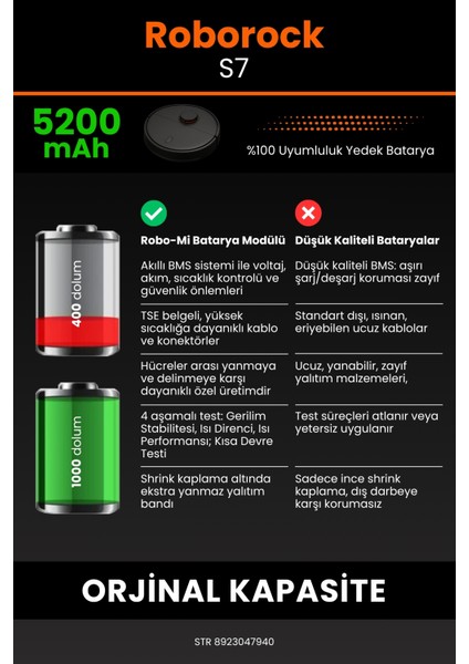 Roborock S7 5200mAh Robot Süpürge Bataryası - Gerçek Kapasite, Maksimum Güvenlik