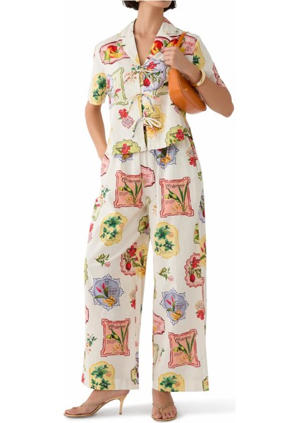Shona Retro Desenli Geniş Paça Pantolon, Organik Pamuk, Renkli Yaz Stili fırsatları