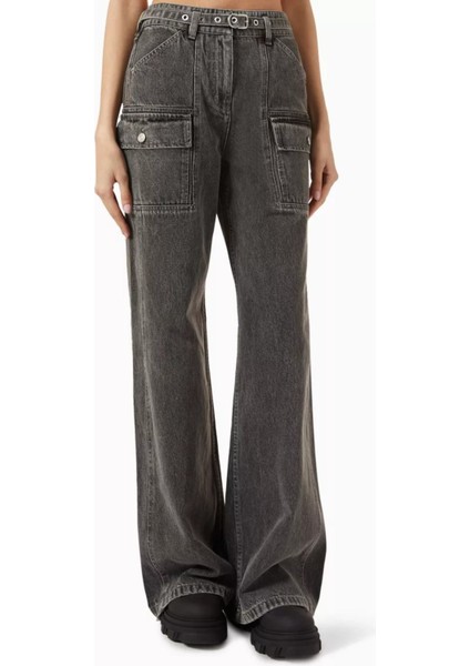 Gri Cargo Jean Yüksek Bel, Geniş Paça, Ayarlanabilir Kemer Detaylı modelleri