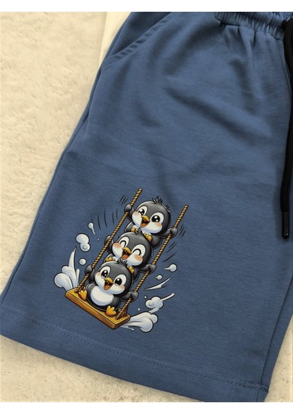 Afacan Penguenler Baskılı Pamuklu Unisex Kısa Kollu Çocuk Şortlu Takım fırsatları