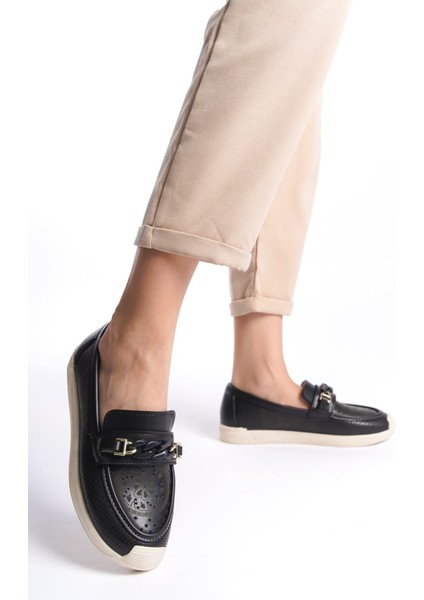 Helen Bağcıksız Ortopedik Rahat Taban Çiçek Desenli Kadın Babet Ayakkabı Kt Siyah indirimleri