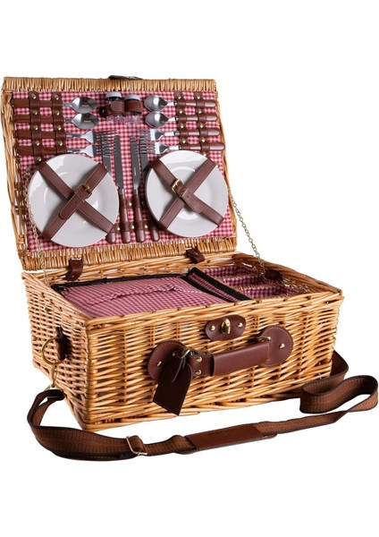 4 Kişilik Piknik Sepeti, El Dokuması Doğal Söğüt, Soğutma Bölmeli, Omuz Askılı
