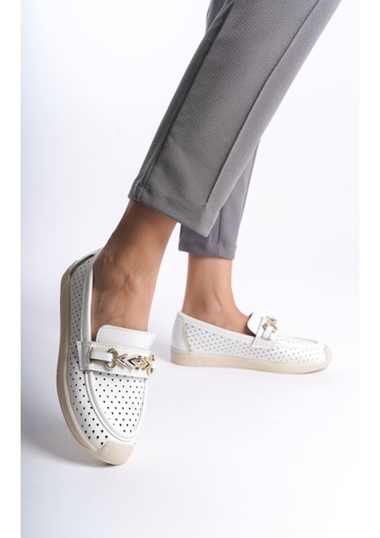 Hıra Bağcıksız Ortopedik Rahat Taban Kalp Desenli Kadın Babet Ayakkabı Kt Beyaz indirimleri