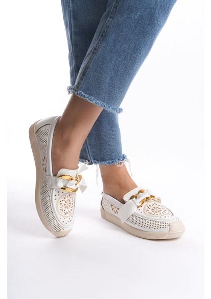 Handy Bağcıksız Ortopedik Rahat Taban Çiçek Desenli Kadın Babet Ayakkabı Kt Beyaz fırsatları