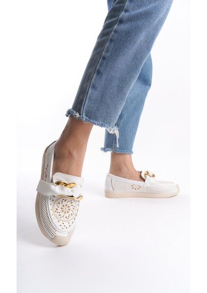 Handy Bağcıksız Ortopedik Rahat Taban Çiçek Desenli Kadın Babet Ayakkabı Kt Beyaz indirimleri