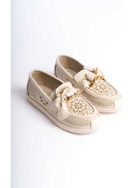 Handy Bağcıksız Ortopedik Rahat Taban Çiçek Desenli Kadın Babet Ayakkabı Kt Krem