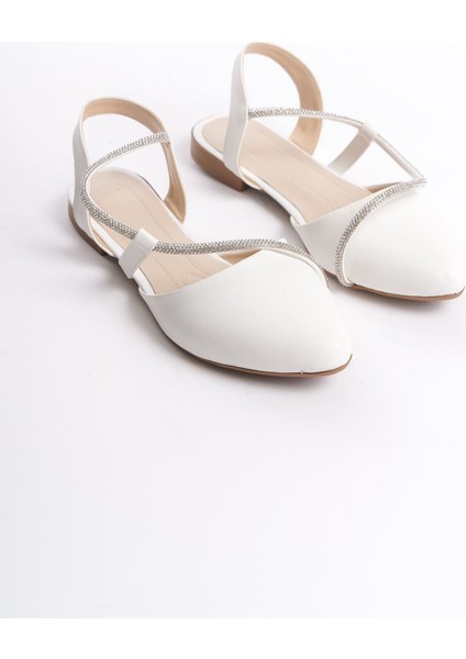 Aubrey Lastikli Ortopedik Rahat Taban Taş Detaylı Kadın Babet Ayakkabı Kt Beyaz