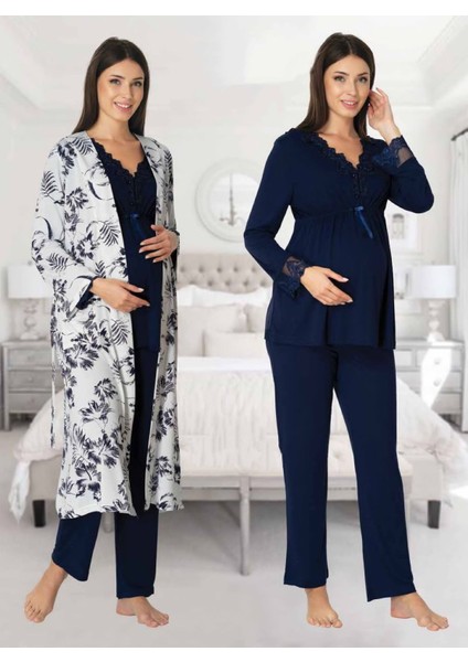 Dvina Effortt Lohusa Sabahlıklı Pijama Takımı Lacivert - 8094