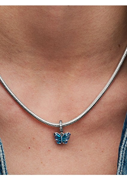 Pandora Mavi Murano Cam Kelebek Sallantılı Charm 925 Ayar Gümüş