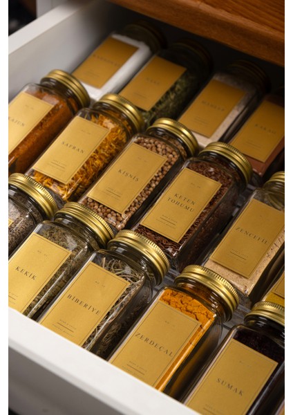 36'lı Şeffaf Pleksi Standlı Cam Baharatlık Seti Kapaklı Etiketli Baharatlık Takımı MH02GLD36