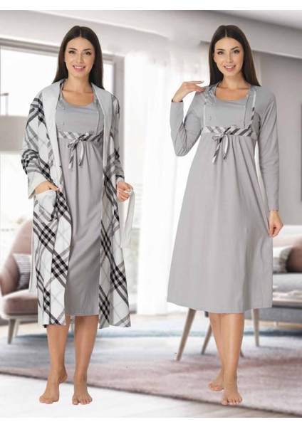 Dvina Effortt Lohusa Sabahlıklı Gecelik Takımı Gri - 8085