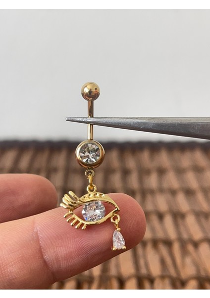 316 L Cerrahi Çelik Göz Detaylı Zirkon Parlak Taşlı Sallantılı Göbek Piercingi