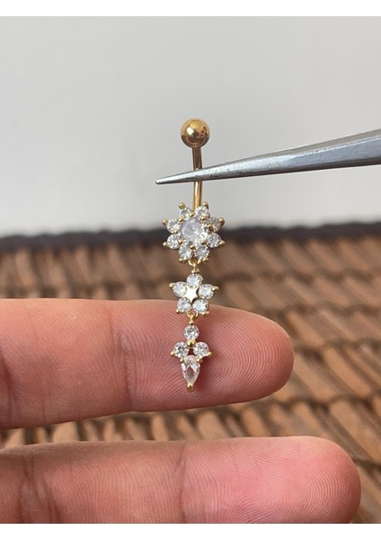316 L Cerrahi Çelik Pırlanta Çiçek Modeli Parlak Taşlı Göbek Piercingi