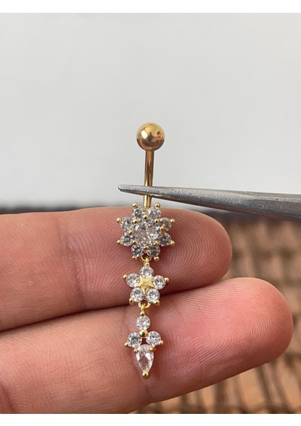 316 L Cerrahi Çelik Pırlanta Çiçek Modeli Parlak Taşlı Göbek Piercingi modelleri