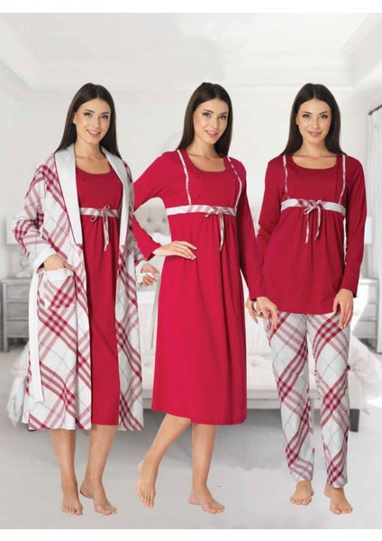 Dvina Effortt Lohusa 4'lü Set - Sabahlık/pijama Takımı/gecelik Fuşya - 8086
