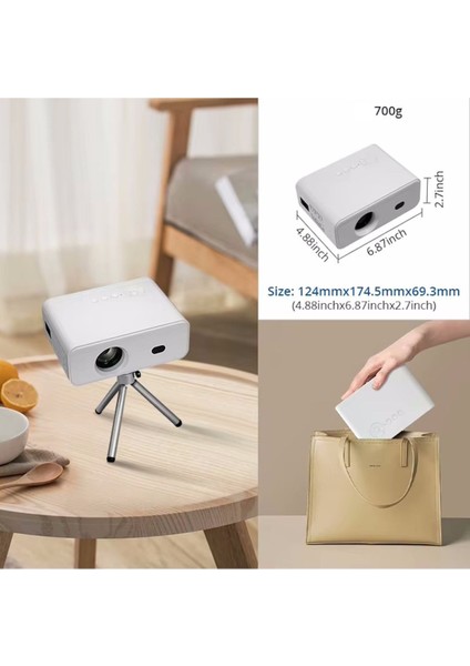 Taşınabilir 1080P Projeksiyon Cihazı, Bluetooth, Wi-Fi, Android 11, Tripod, Beyaz indirimleri