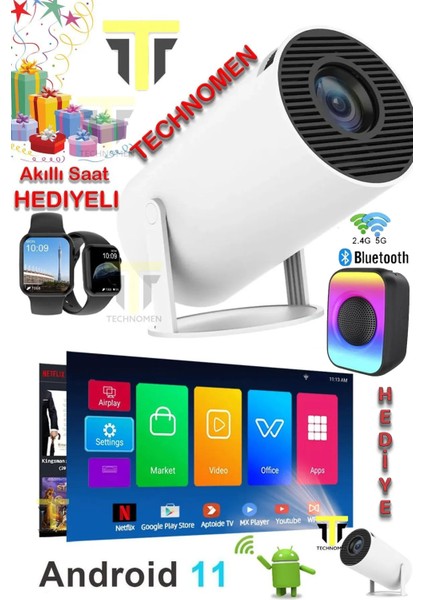 Taşınabilir Akıllı Projektör 1280X720 P Bluetooth Wi-Fi Android 11 Ev Sineması