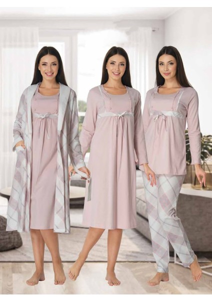 Dvina Effortt Lohusa 4'lü Set - Sabahlık/pijama Takımı/gecelik Pembe - 8086