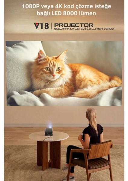 Taşınabilir 4K 1080P Full Hd Akıllı Projektör, Kablosuz, Ev ve Ofis Kullanımı modelleri