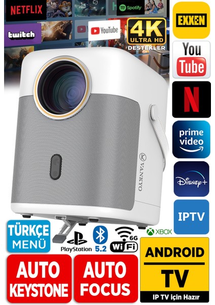 Yüksek Çözünürlük Android Tv Projeksiyon Cihazı, 4k, Auto Focus, Kablosuz Bağlantı