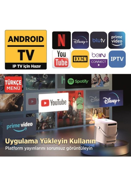 Yüksek Çözünürlük Android Tv Projeksiyon Cihazı, 4k, Auto Focus, Kablosuz Bağlantı fiyatları