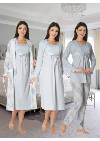 Dvina Effortt Lohusa 4'lü Set - Sabahlık/pijama Takımı/gecelik Mavi - 8086
