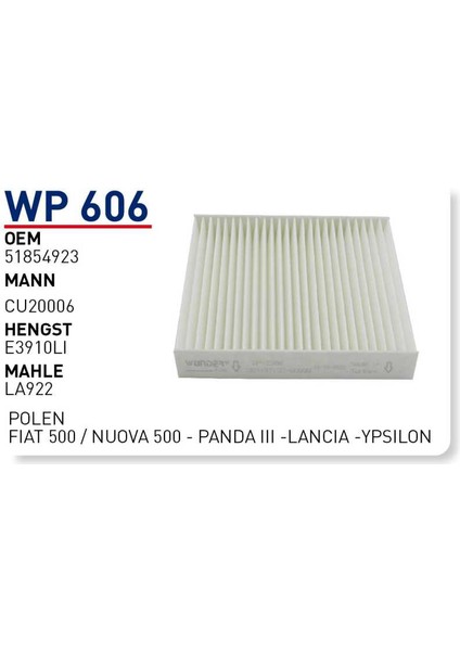 Wp606 Oem 51854923 Fıat 500 nuova 500 panda III lancıa ypsılon Otomobil polen filtre pollen filter