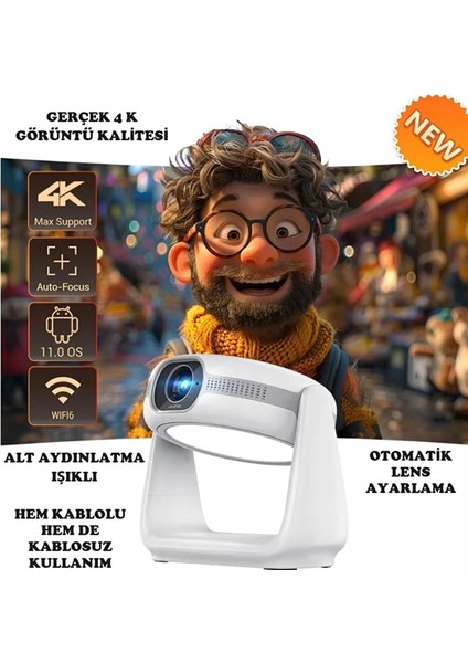 Taşınabilir 4K Projektör, Bluetooth, Android, Hoparlör, Işıklı, Şarjlı, Portatif, Eğlence fiyatları