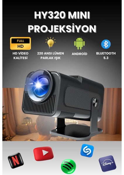 Mini Projeksiyon Cihazı Ultra Hd Android, Wi-Fi, Bluetooth, Hdmı, Siyah