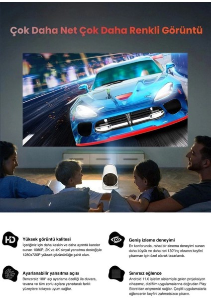 Taşınabilir 130 Inç Yansıtma Sinema Projeksiyon Cihazı, Android 11.0 ve Bluetooth ile